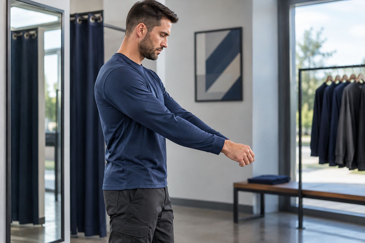 Side view of an employee checking sleeve and hem movement in a plain long-sleeve shirt