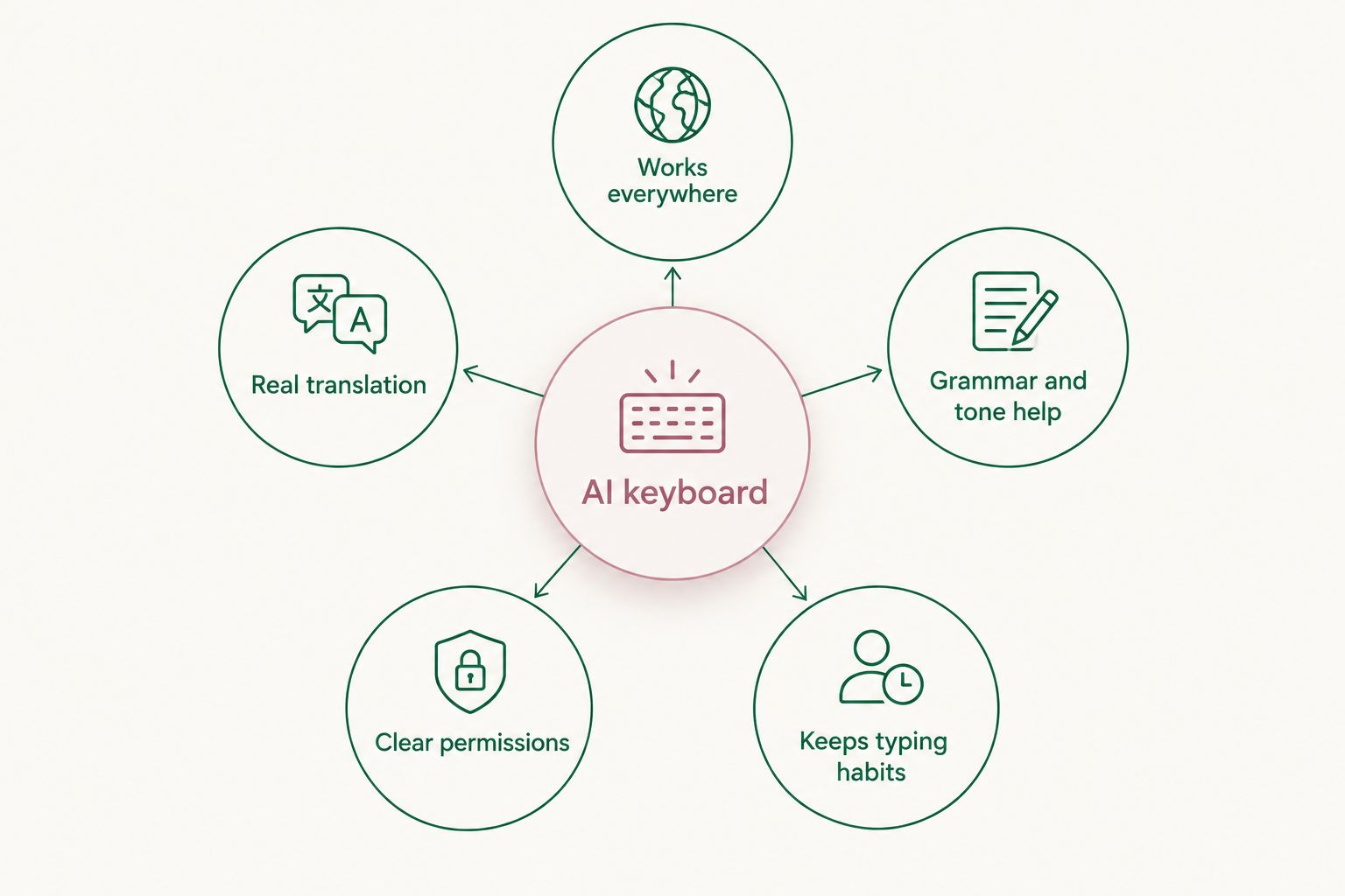 Diagram showing five criteria connected to a central AI keyboard hub