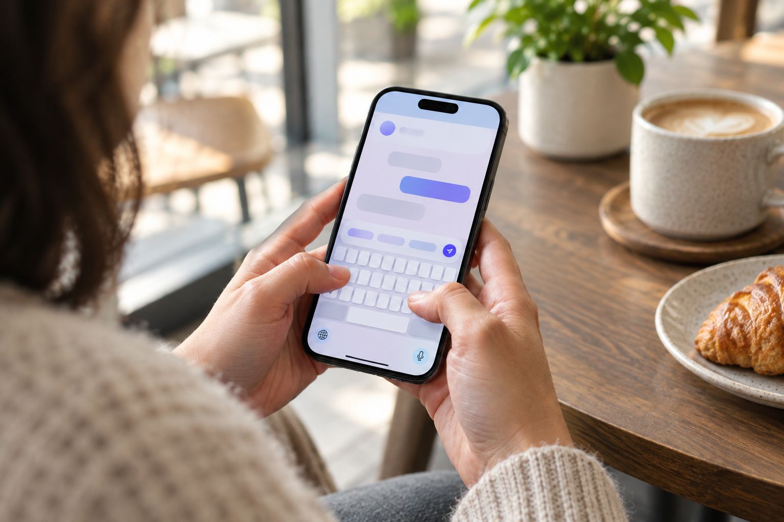 Hand typing a bilingual text message on a smartphone in a cafe