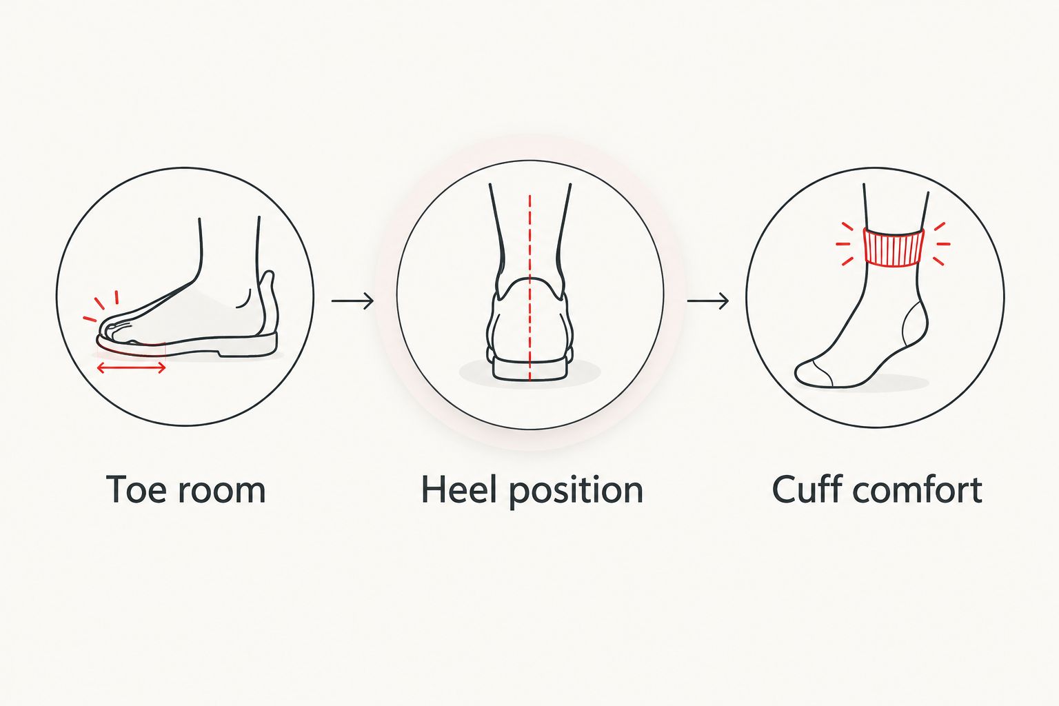Three work-sock fit checks: toe room, heel position and cuff comfort