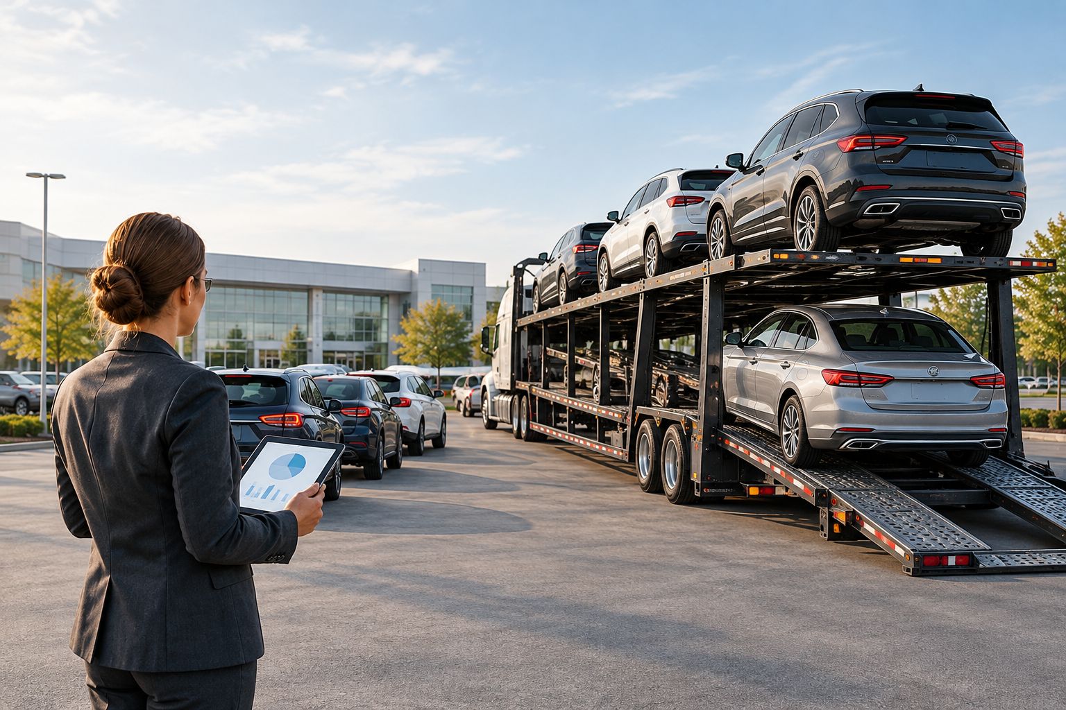 Multiple vehicles staged at a lot and loaded onto a car hauler trailer