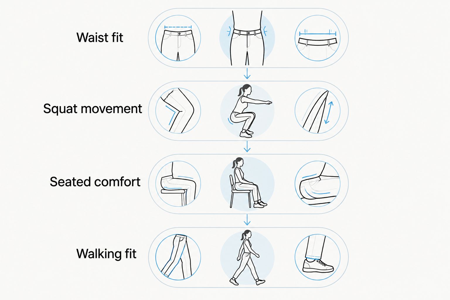Four jogger fit checks covering the waist, squat movement, seated comfort and walking