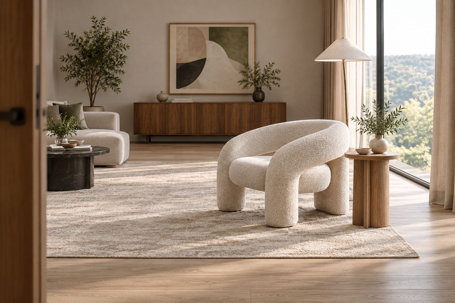Sculptural armchair with a simple side table and floor lamp in an uncluttered living room