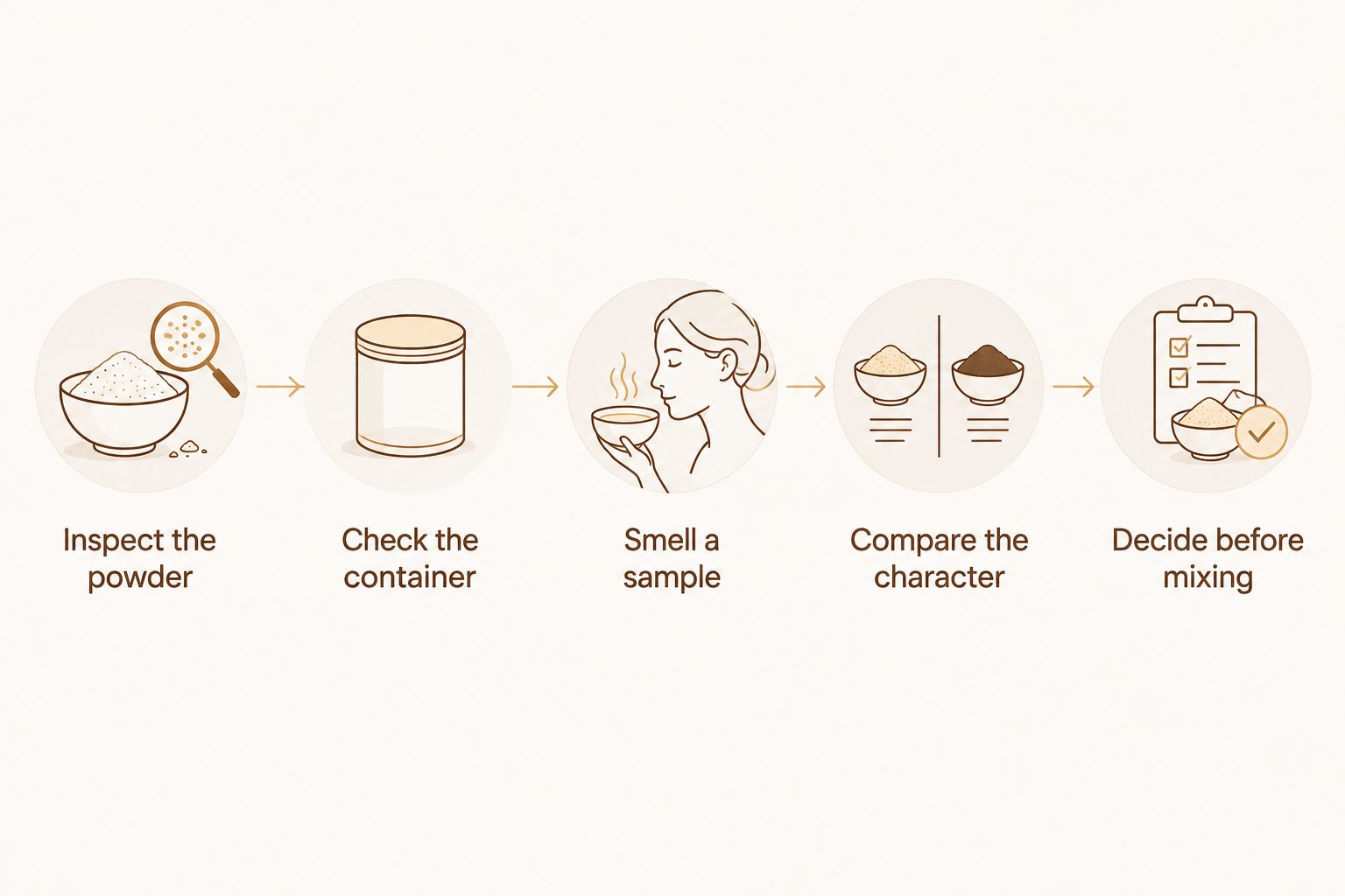 A sequence for inspecting, smelling, and assessing ground cloves before cooking