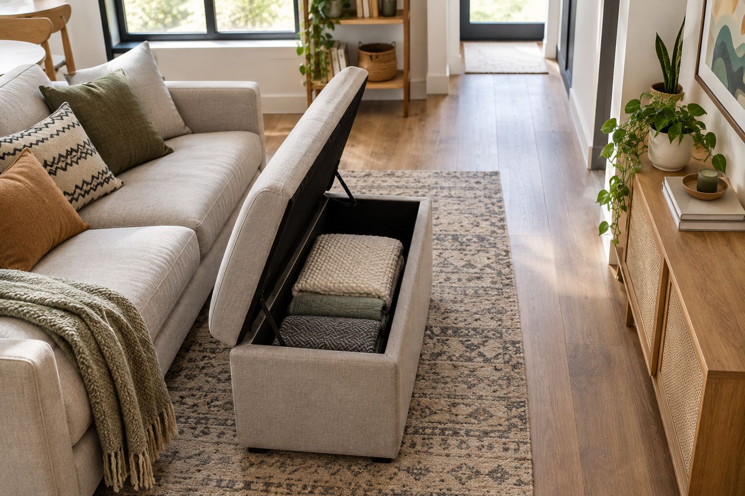 Open storage ottoman holding blankets beside a sofa, with a clear walking route.