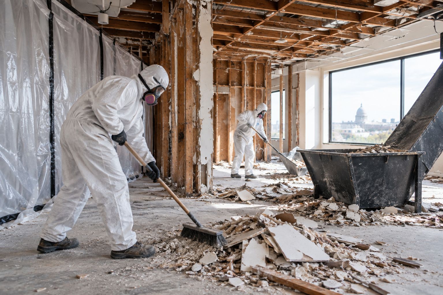 Commercial interior mid-demolition with containment sheeting and crew in protective suits