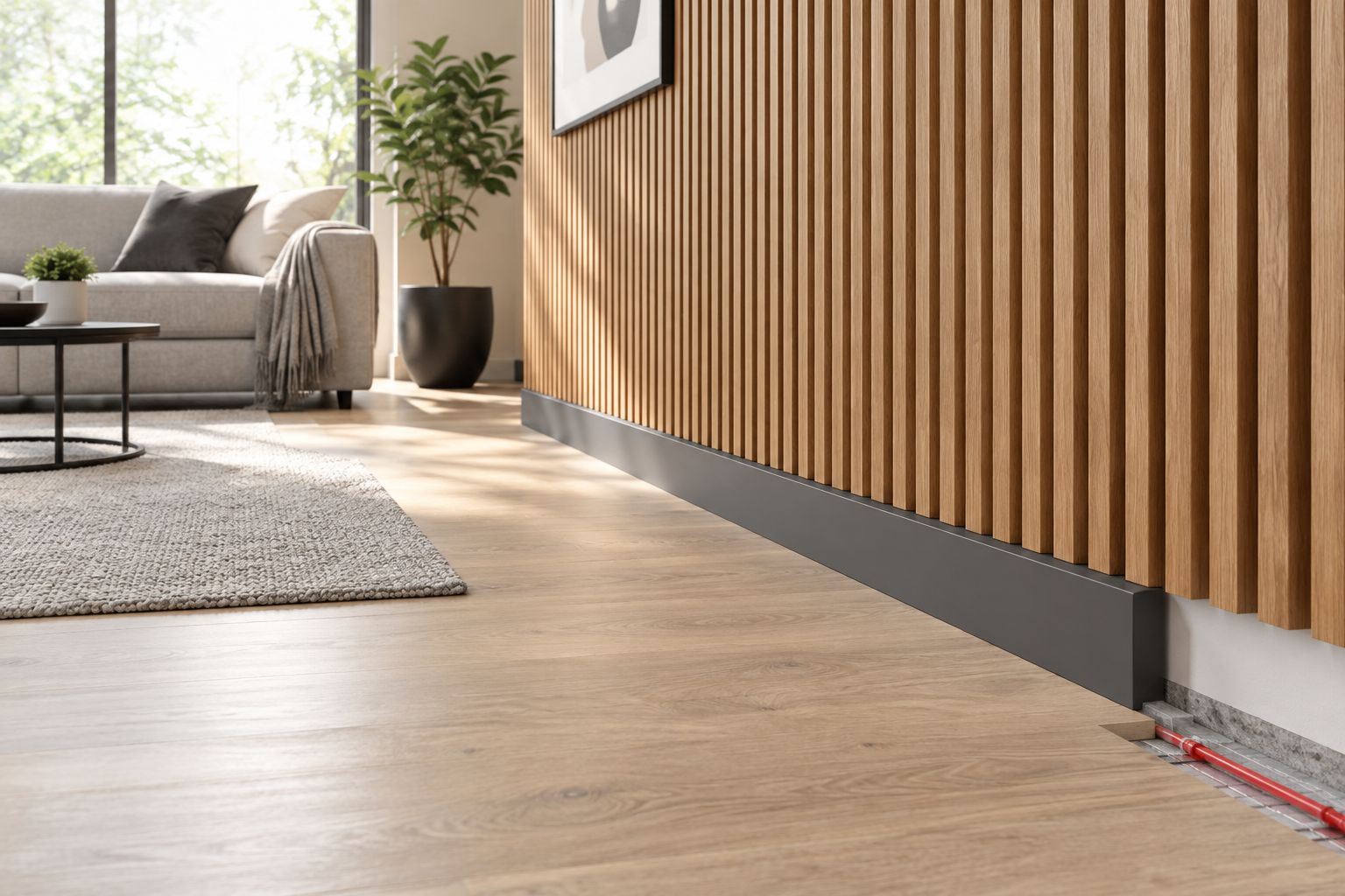 Holzlamellen an einer Wohnzimmerwand mit sichtbarer Sockelleiste und freiem Bodenanschluss