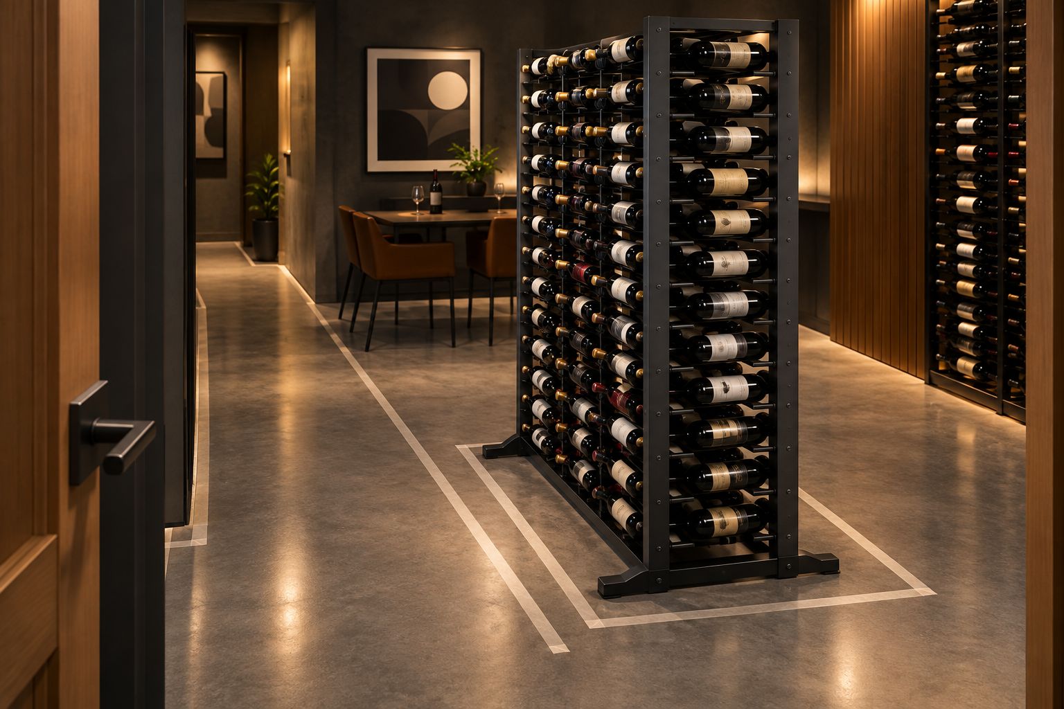Freestanding metal wine rack with a taped floor footprint and clear access around its base