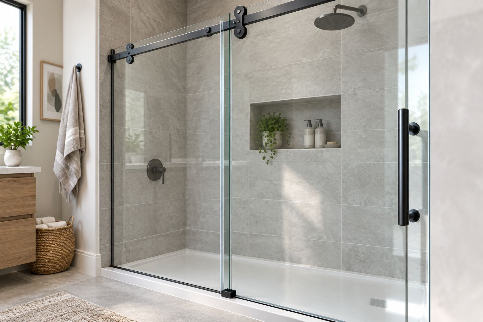 Overlapping sliding shower panels showing the narrow cleaning space and bottom guide