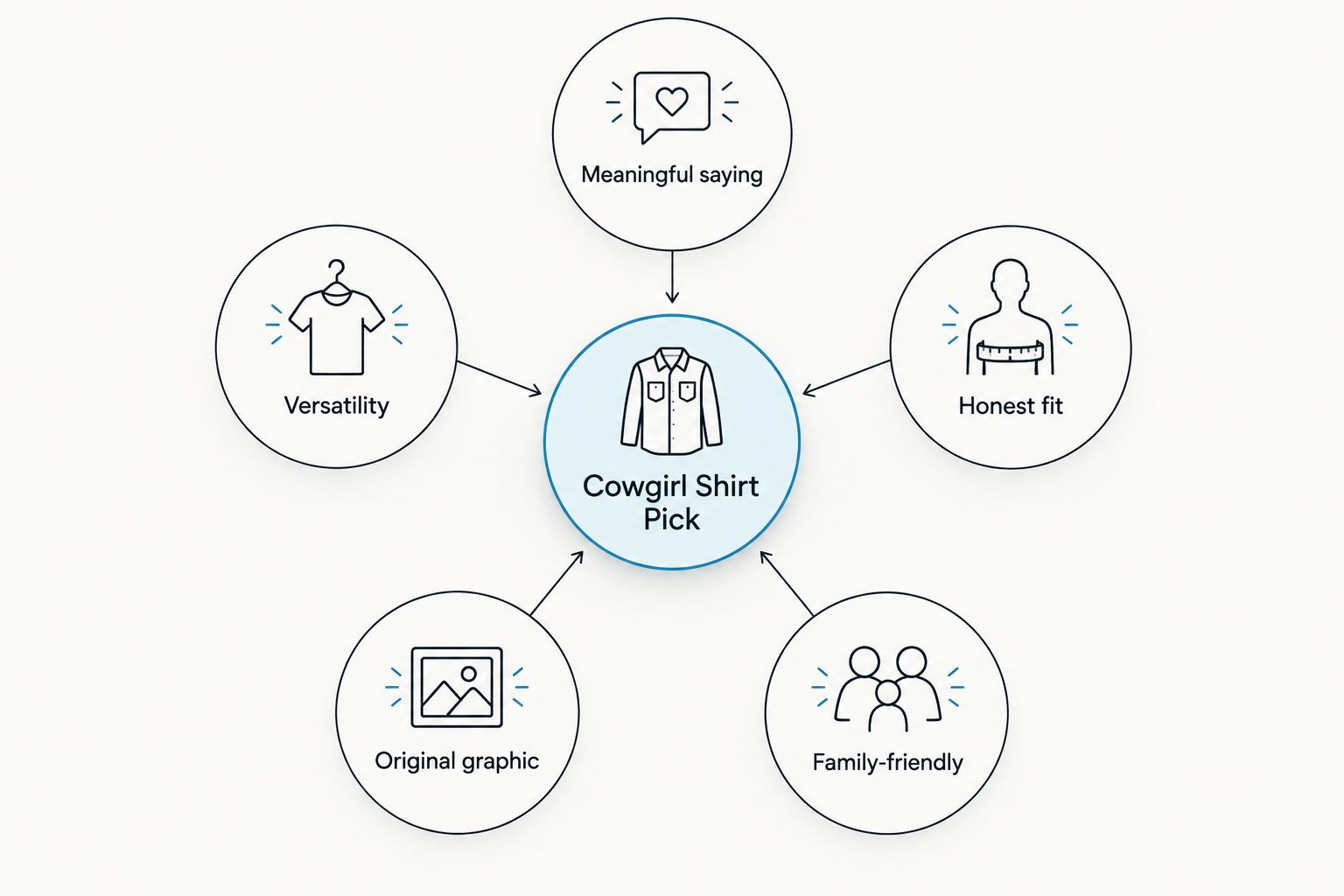 Diagram showing five criteria orbiting a central cowgirl shirt pick