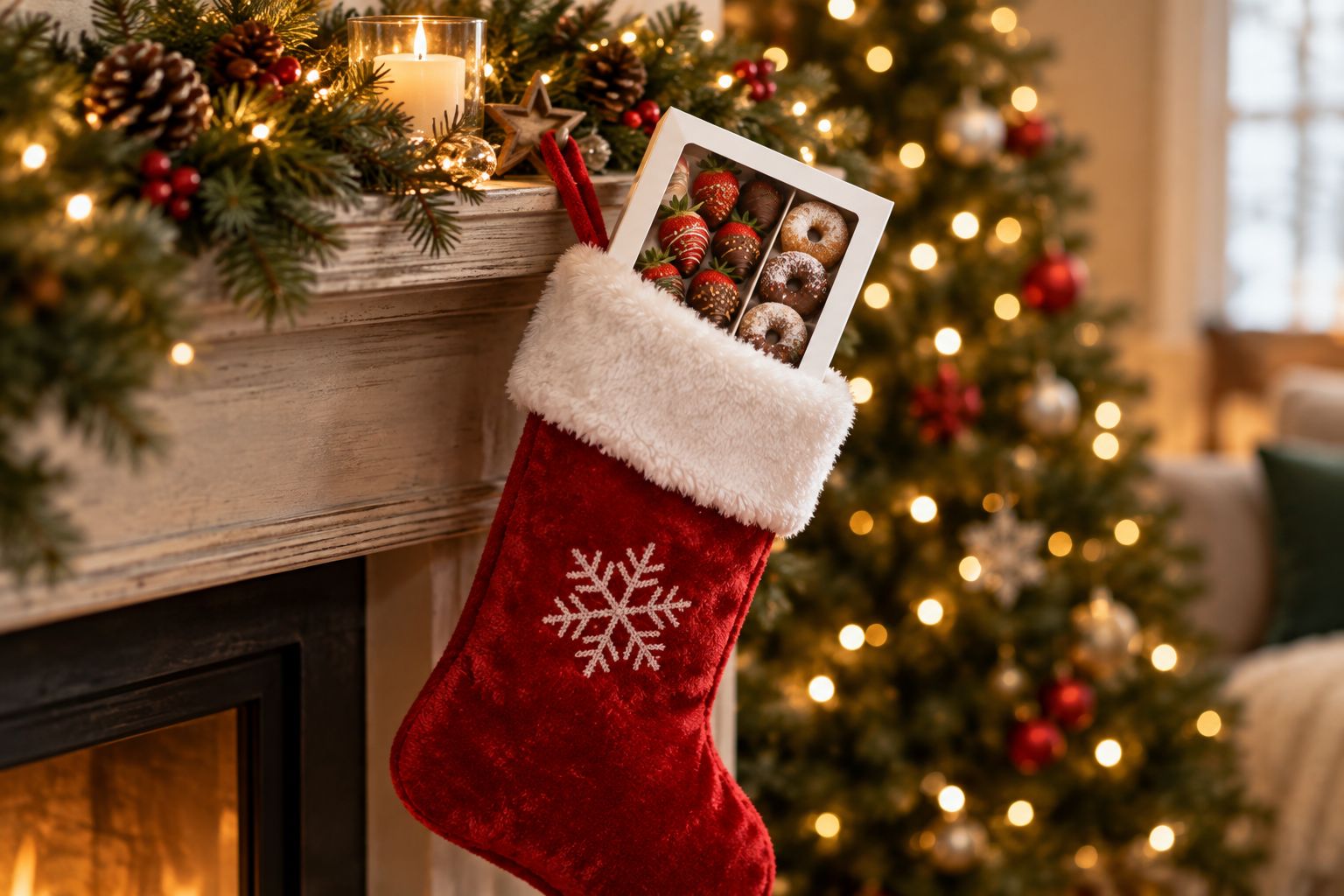 Christmas stocking with a small treat box tucked into the opening