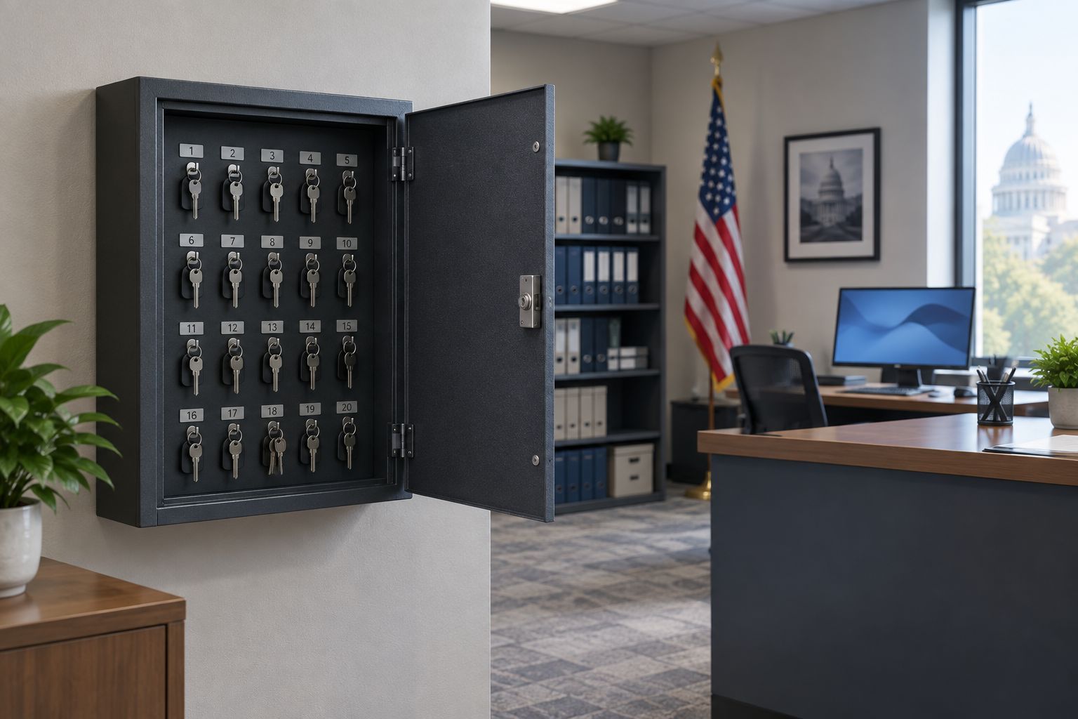 Wall-mounted key cabinet with numbered hooks in a government back office