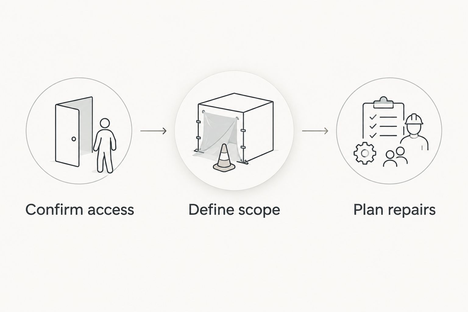 Three booking checks: confirm access, define scope, and plan repairs.