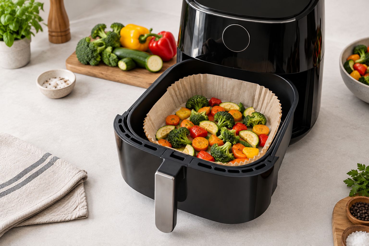 Silicone liner sitting flat inside an open air fryer drawer with spaced vegetable pieces.
