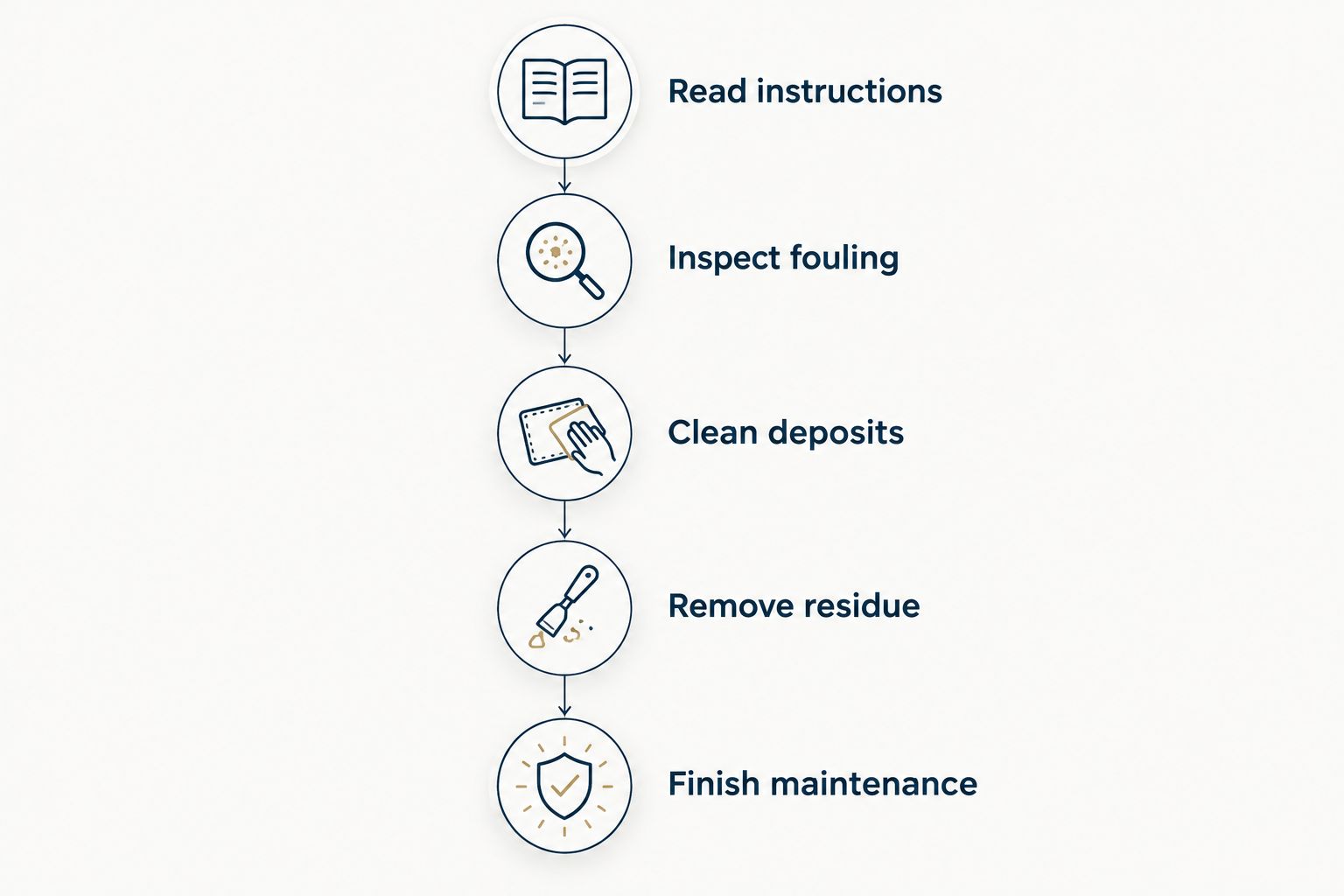 Five maintenance steps from reading instructions to cleaning, residue removal and finishing maintenance.