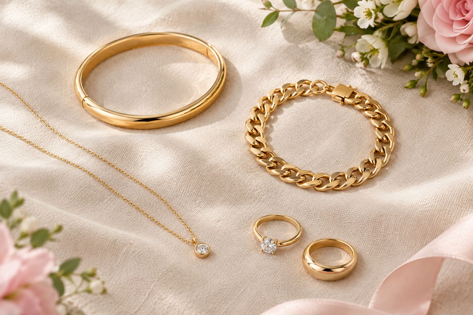 Fine gold jewellery pieces arranged flat including a bangle, chain bracelet, necklace and rings