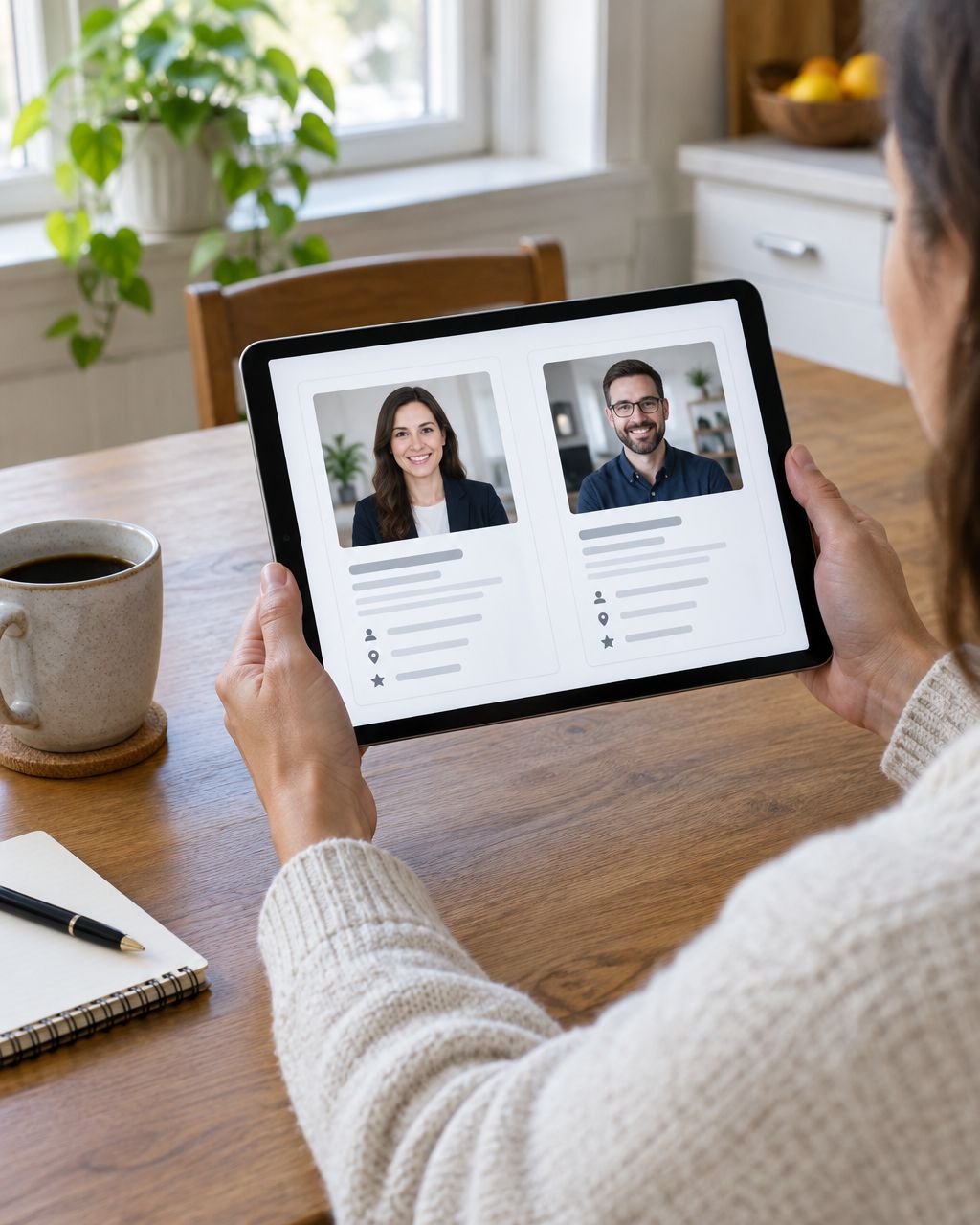 Homeowner comparing two professional profile cards on a tablet at a kitchen table