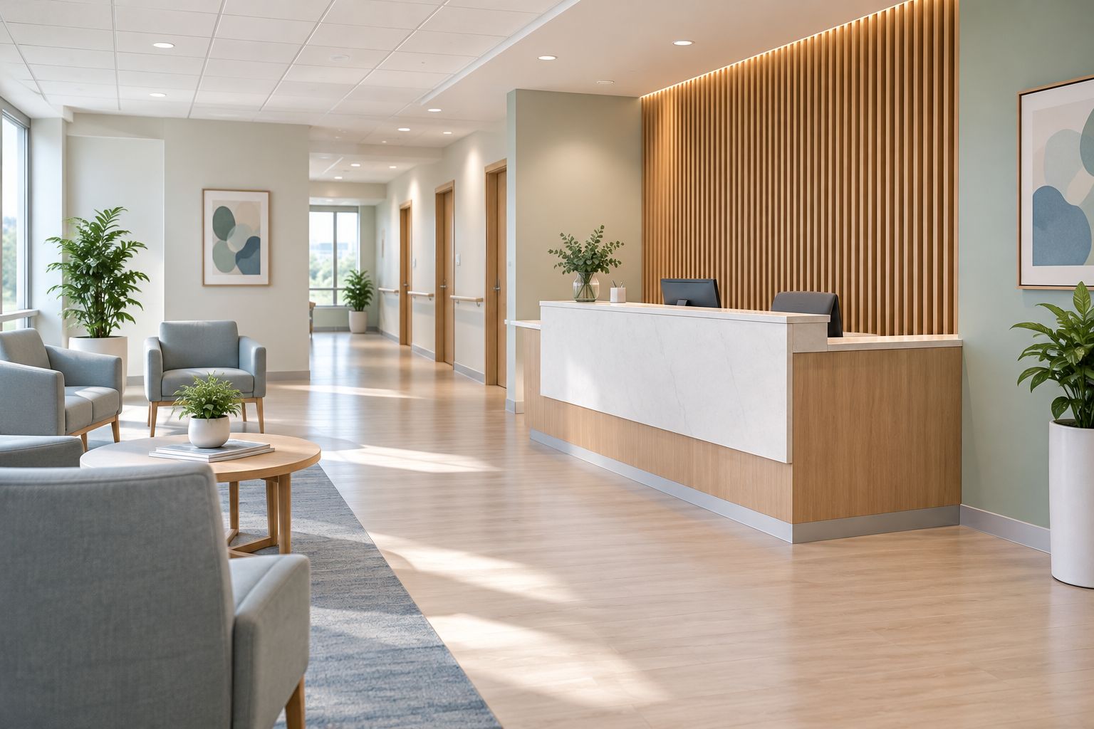 Reception wood-slat feature wall with finished edges and clear circulation