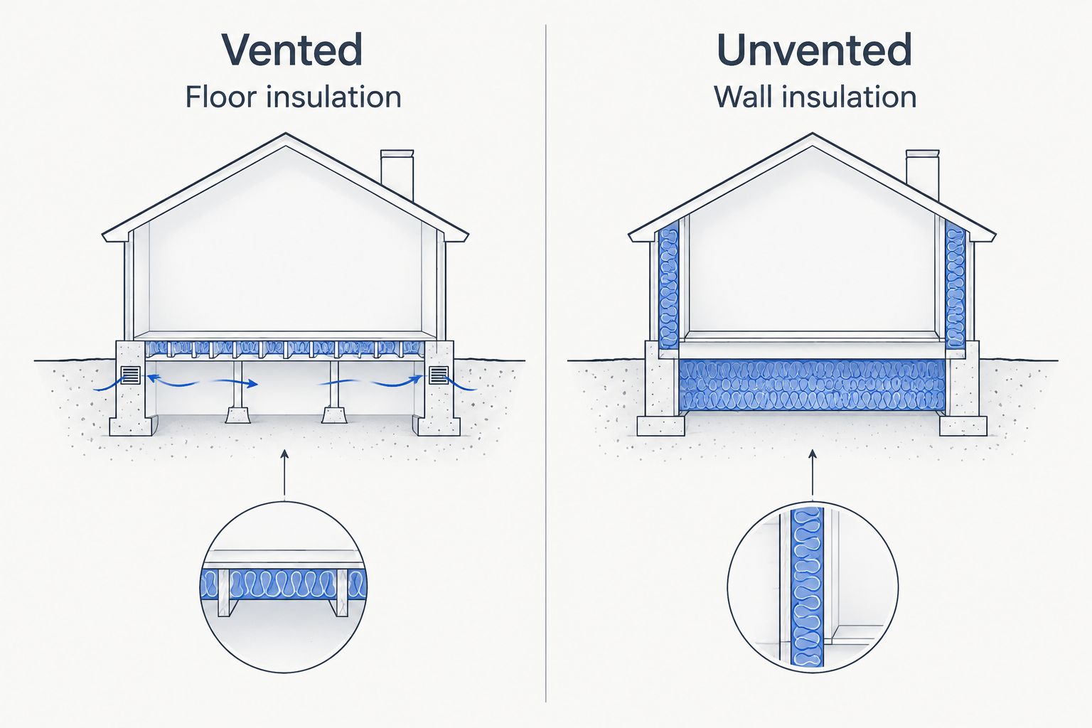 Comparison of floor insulation in a vented crawl space and wall insulation in an unvented crawl space