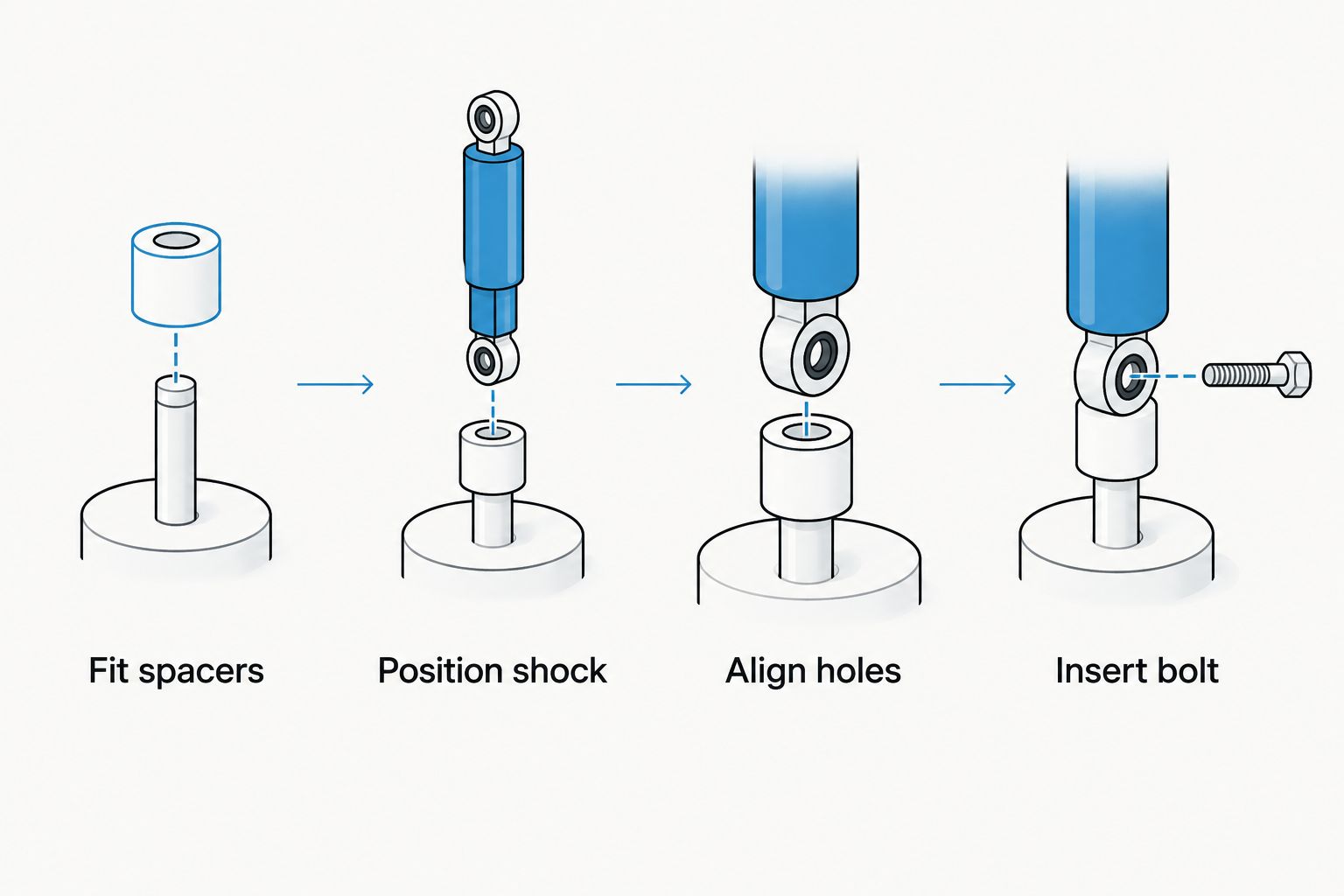 Shock installation sequence from fitting spacers to inserting the mounting bolt