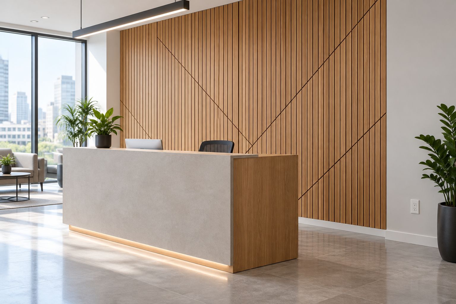 Office reception wood feature wall showing panel joints and a skirting junction