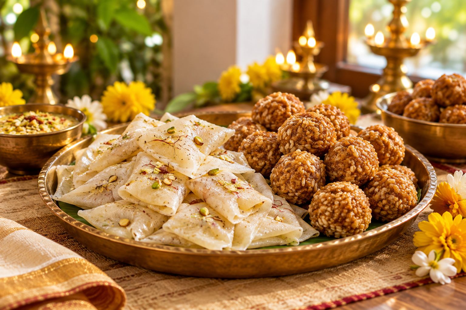 Thin folded rice sweets beside round rice-and-jaggery sweets on a serving plate