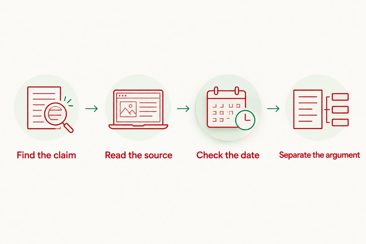 A source-checking sequence from identifying the claim to separating facts from interpretation.