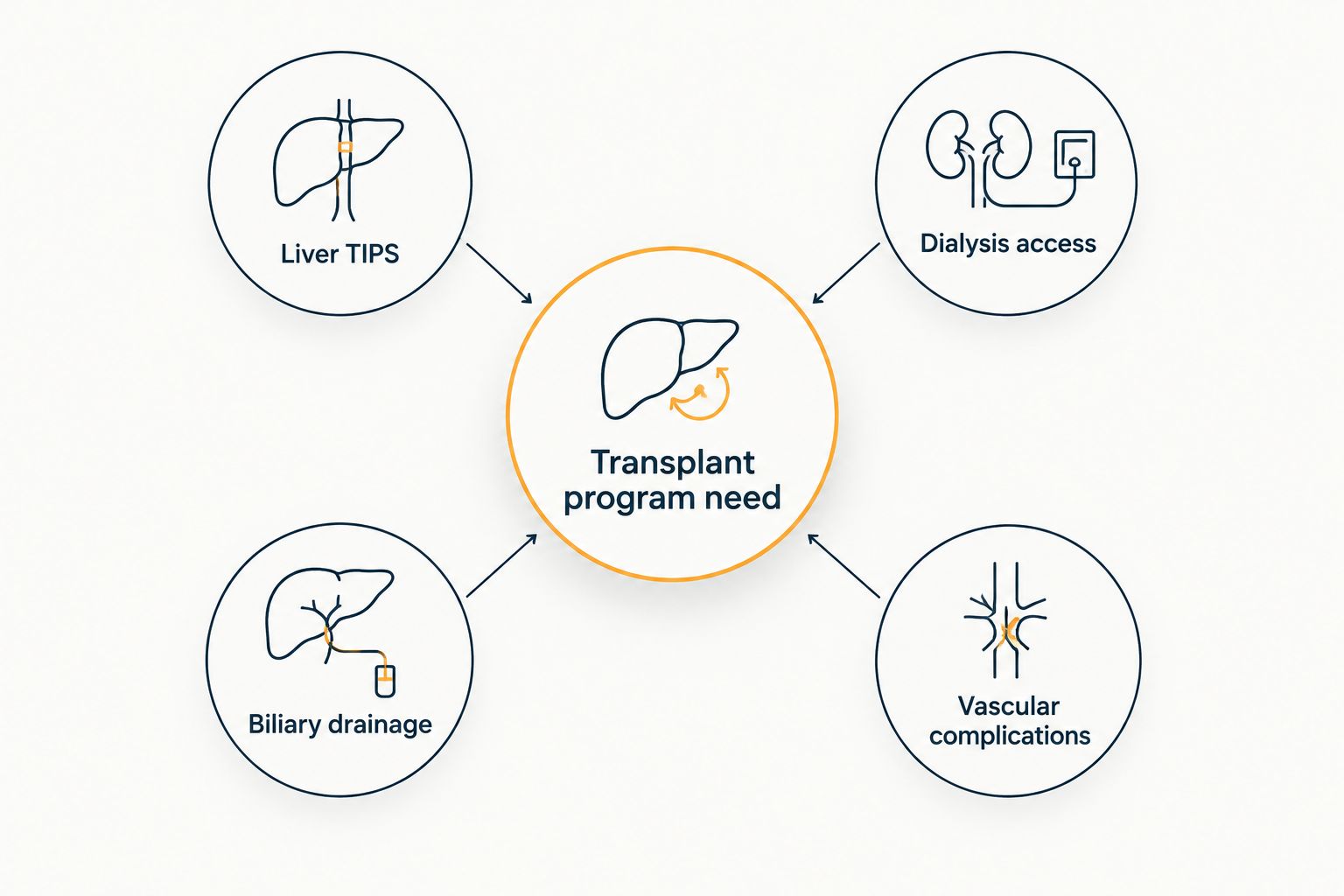 Diagram showing transplant IR procedure needs branching from liver TIPS to dialysis access to biliary drainage to vascular complications