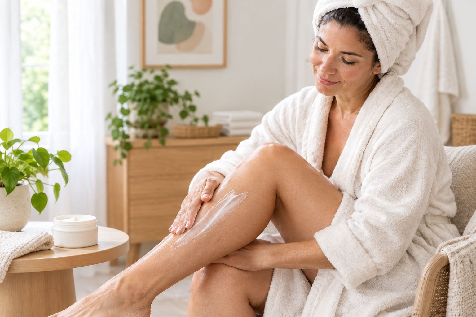 A woman gently applies moisturizer to her lower leg after a shower.