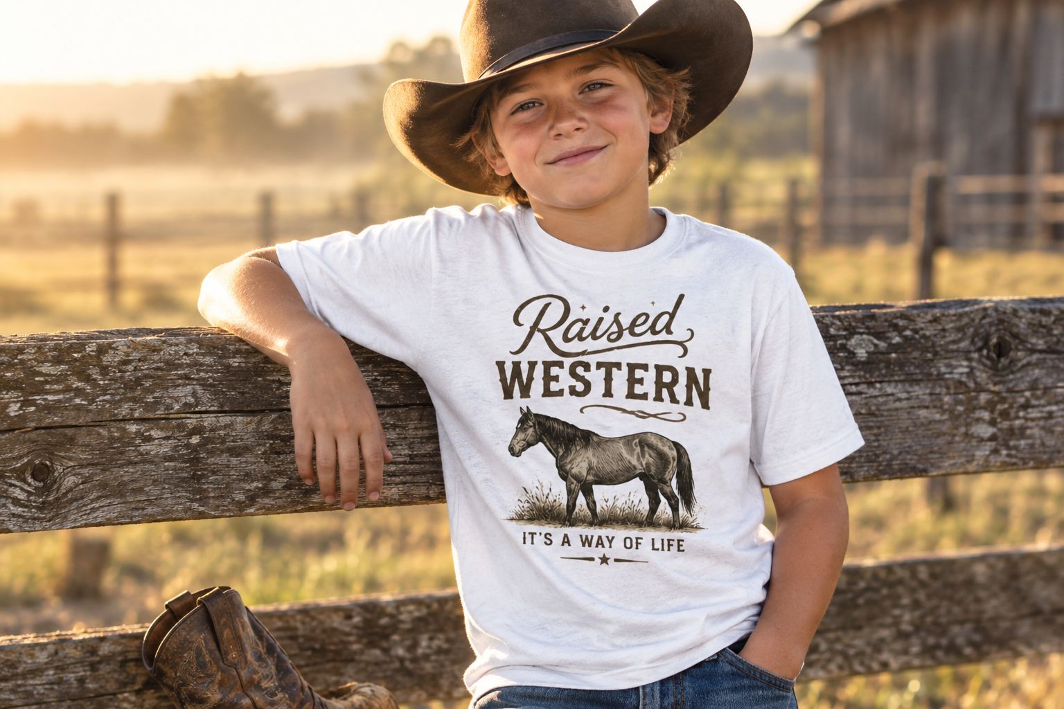 Kid wearing a western graphic t-shirt at a barn fence