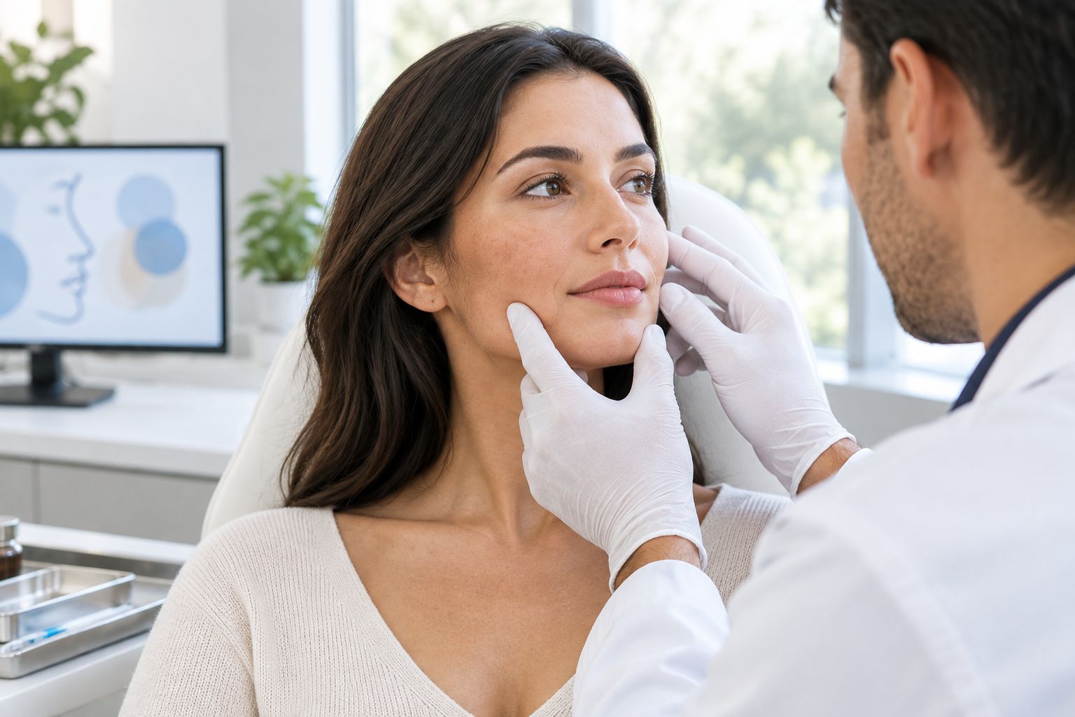 Clinician examining cheek volume during a consultation