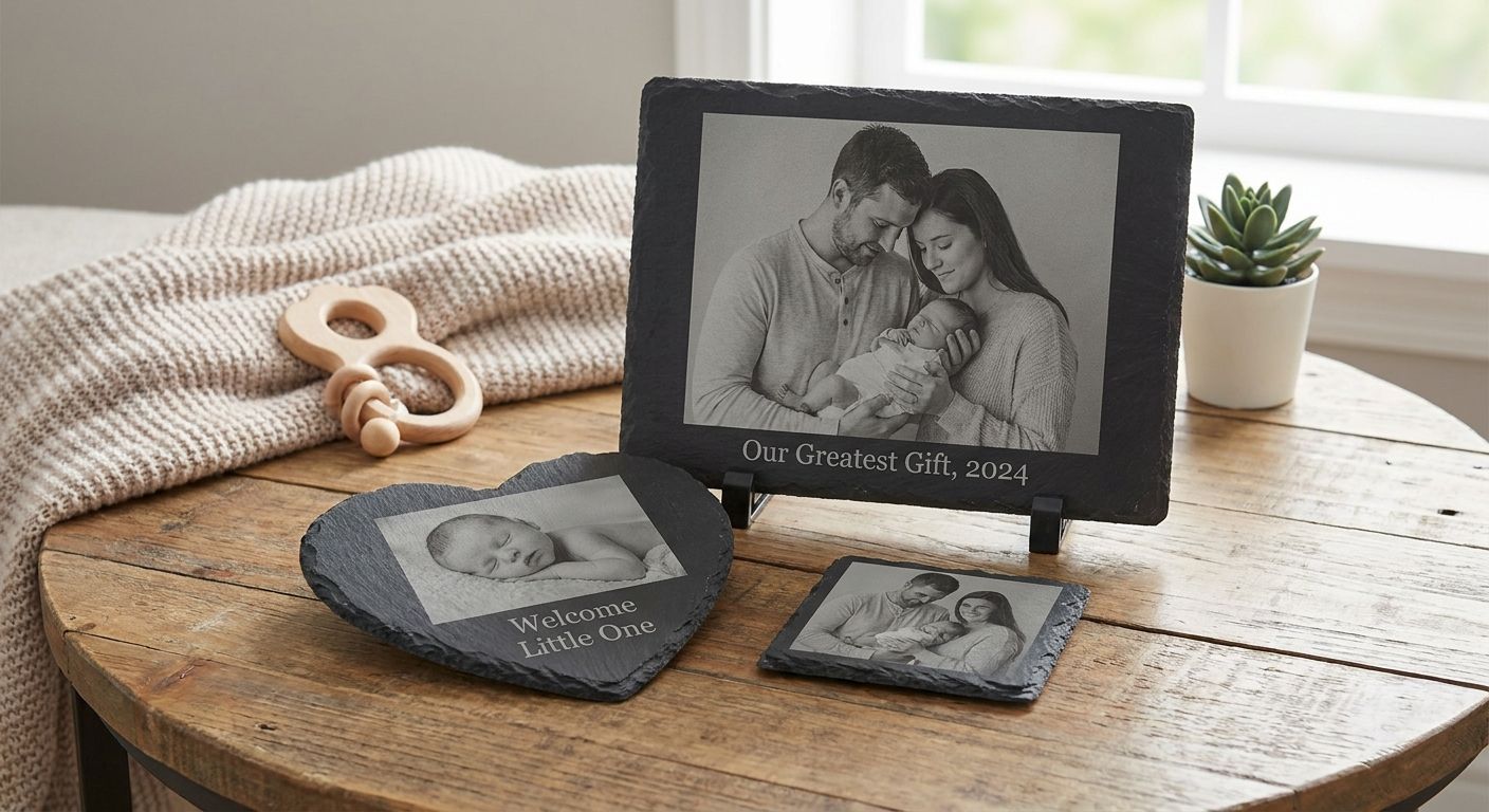 Slate photo keepsakes for new parents
