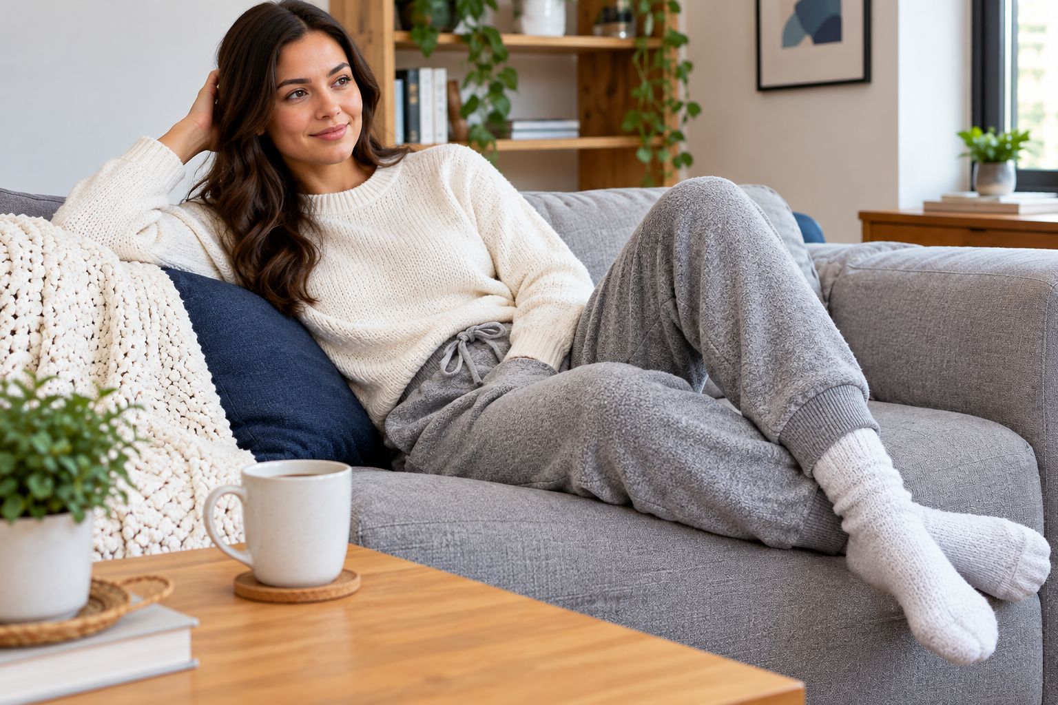Person lounging at home in fleece jogger sweatpants
