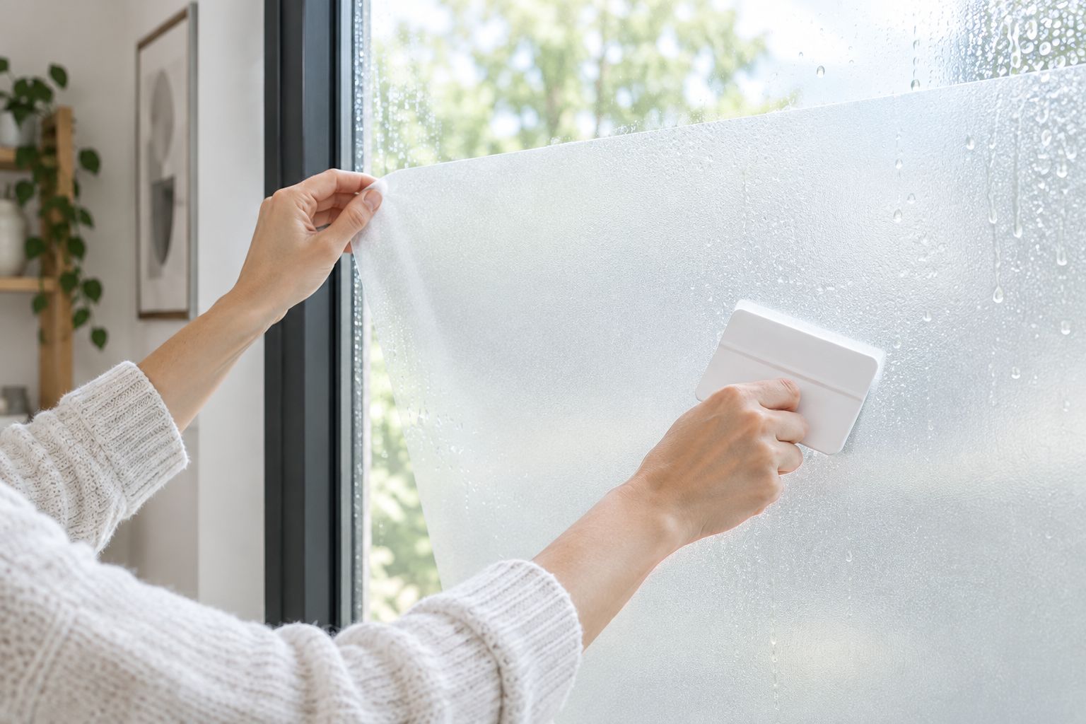 Selbstklebende Milchglasfolie wird mit einer Rakel blasenfrei auf eine Fensterscheibe aufgebracht