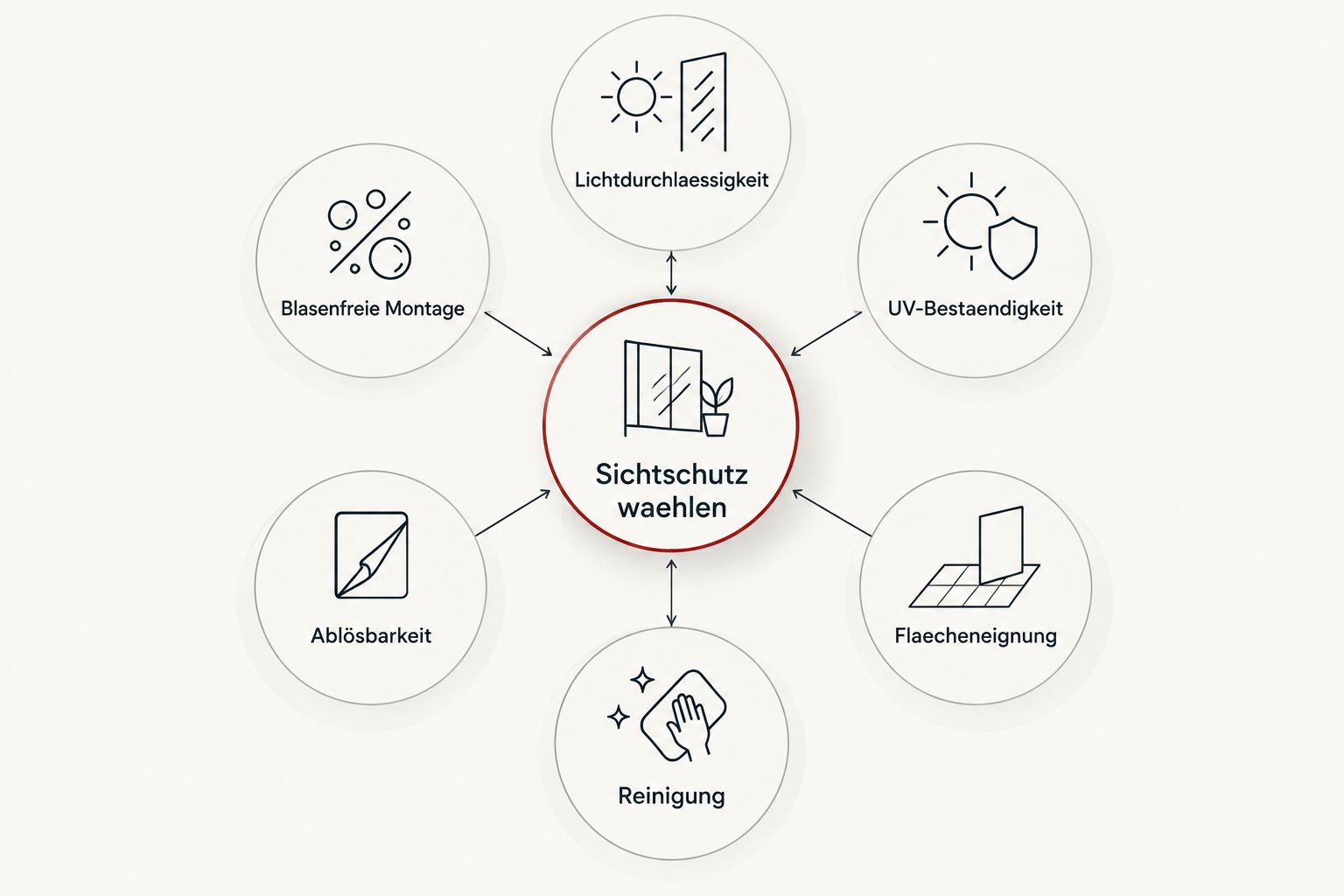 Diagramm mit sechs Kriterien rund um die Wahl der passenden Milchglasfolie