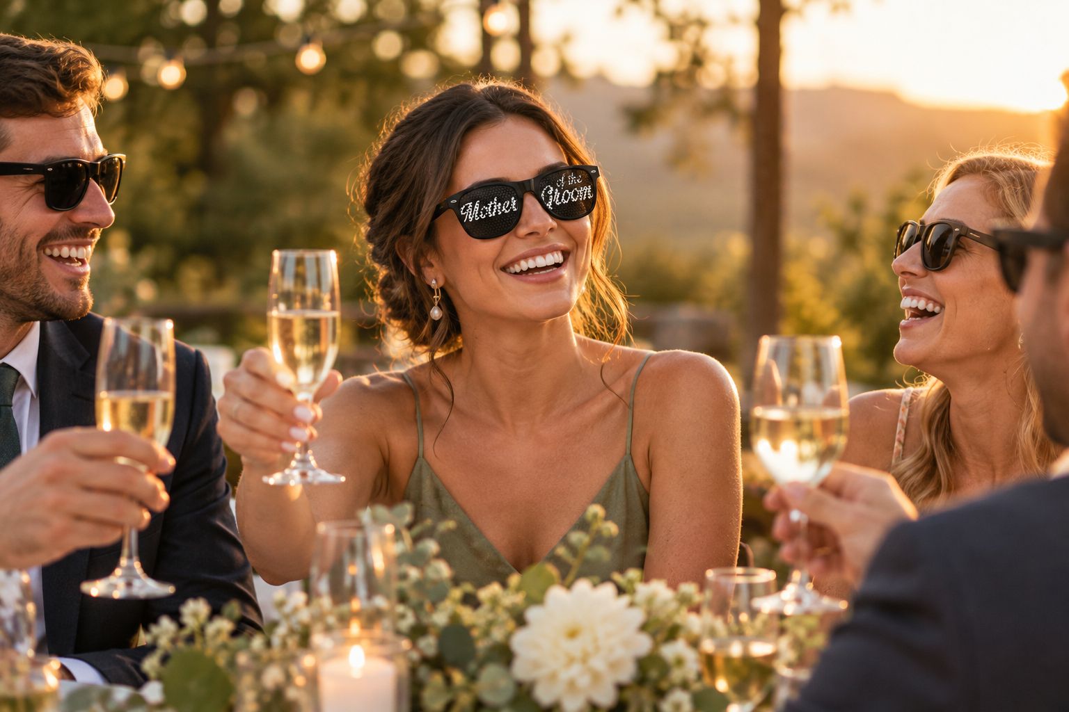 Wedding guest wearing Mother of the Groom party sunglasses during a reception toast
