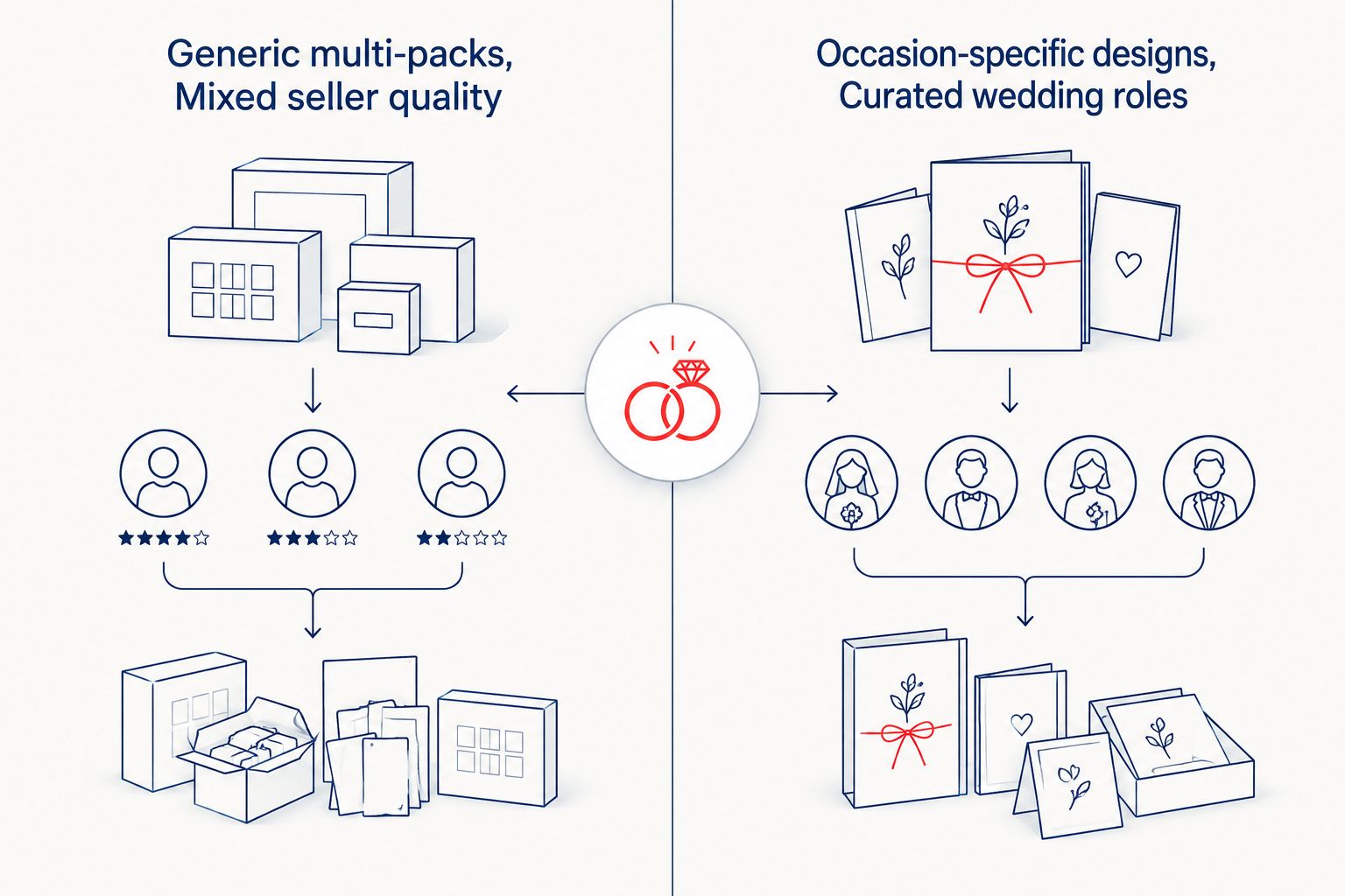 Two column comparison of generic Amazon listings versus occasion-specific specialty sunglasses