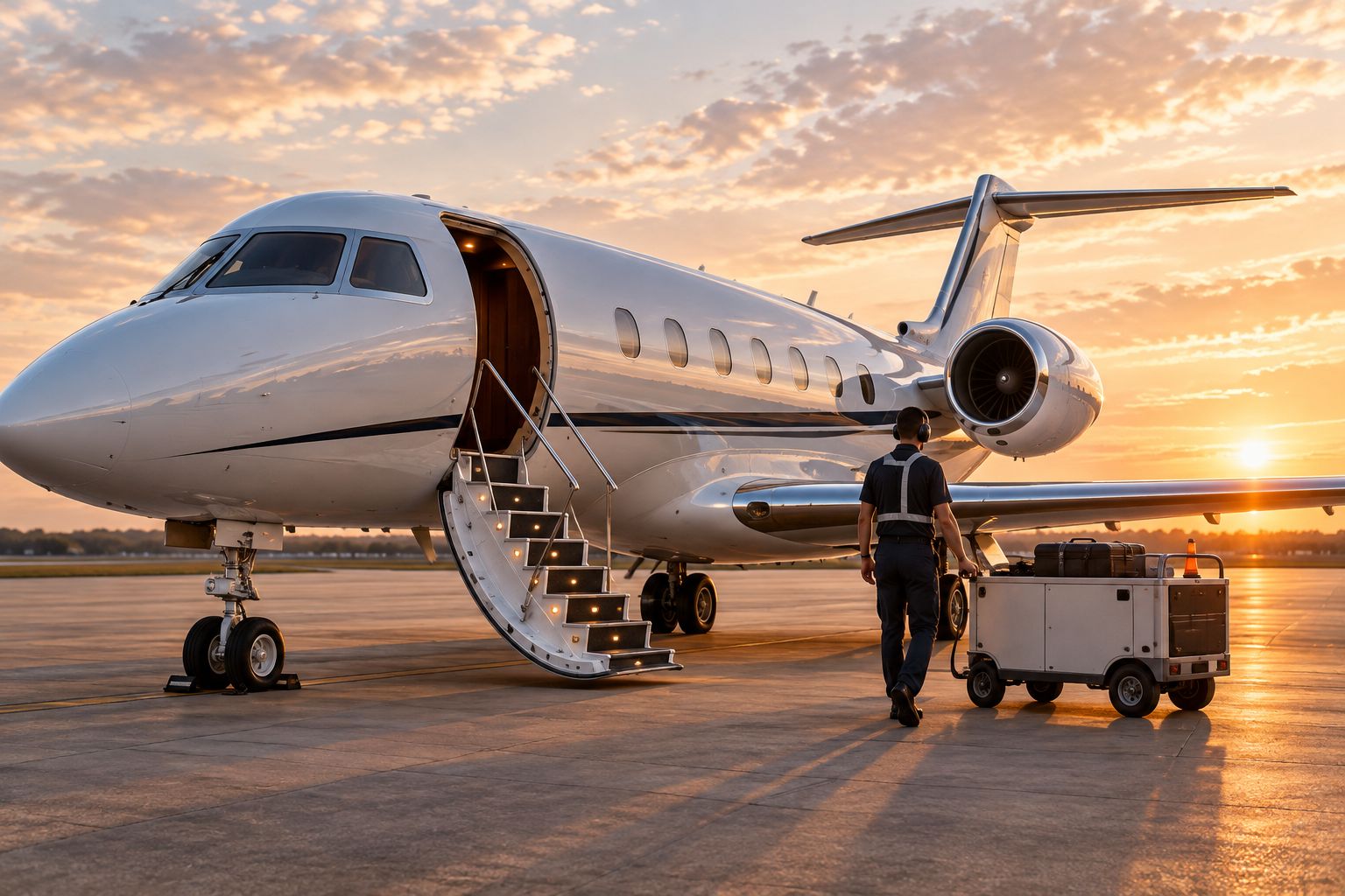 Private jet on a tarmac apron with airstairs deployed at golden hour