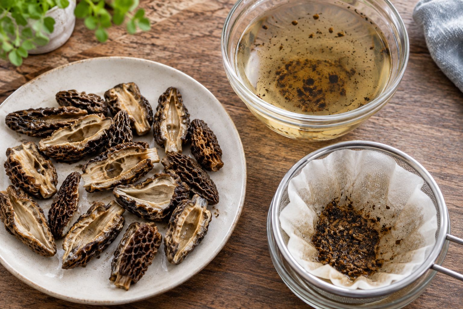 Split rehydrated morels beside soaking liquid and a paper-lined sieve