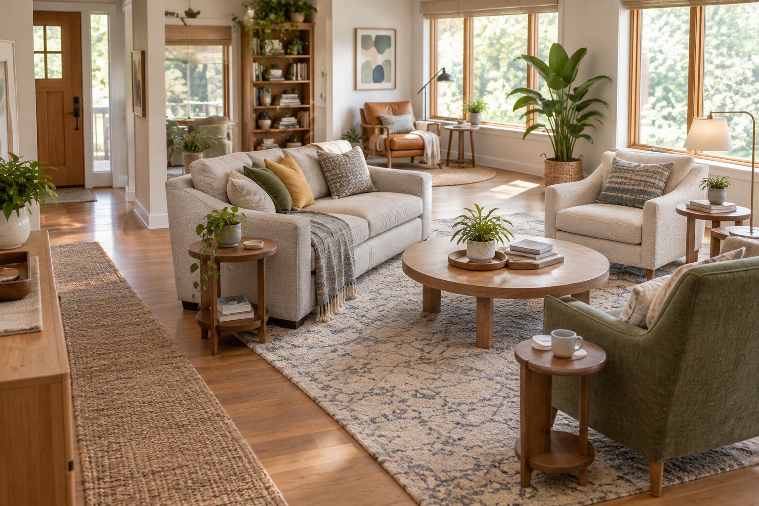 Living room with varied seating, reachable side tables, and an open entrance route