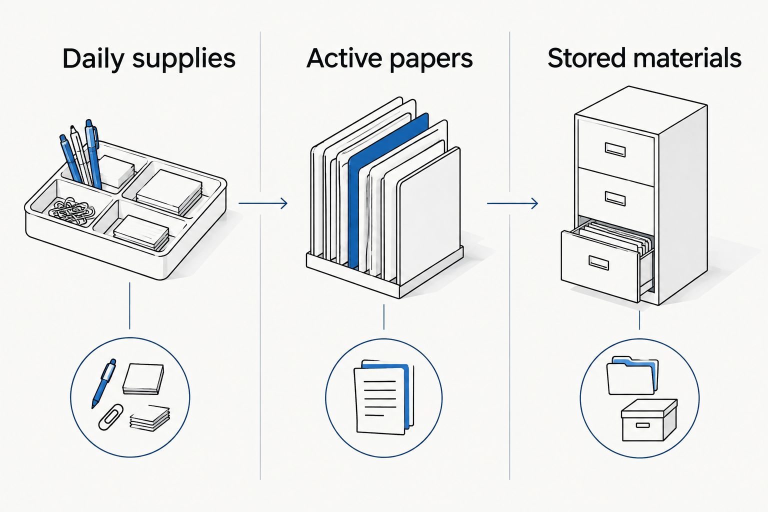 Three storage zones separating daily supplies, active papers, and stored materials