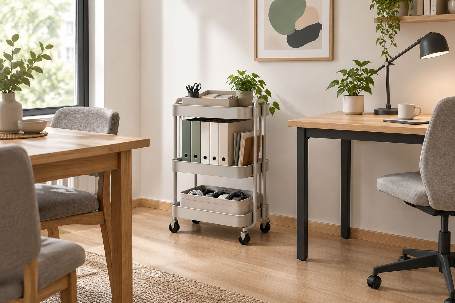 Rolling cart beside a shared worktable with supplies grouped on separate tiers