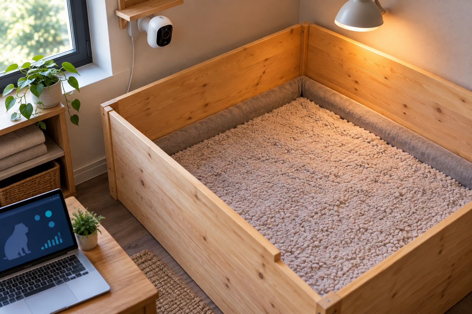 Camera mounted above a whelping box pointed down at the bedding