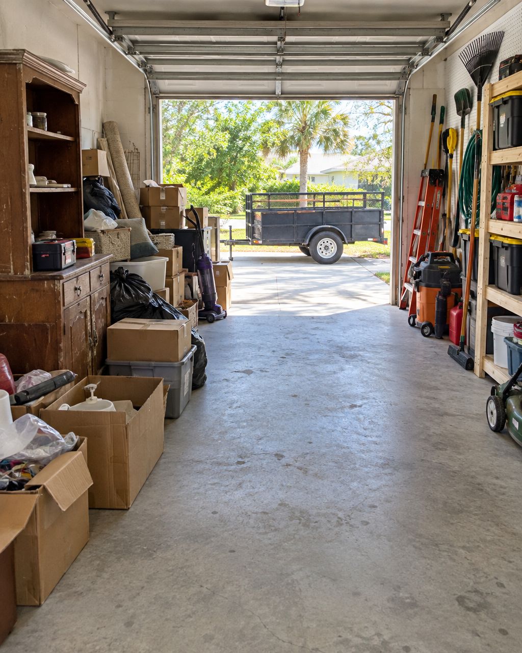 Illustration of a garage prepared for a cleanout, with sorted boxes, stored tools and a trailer outside