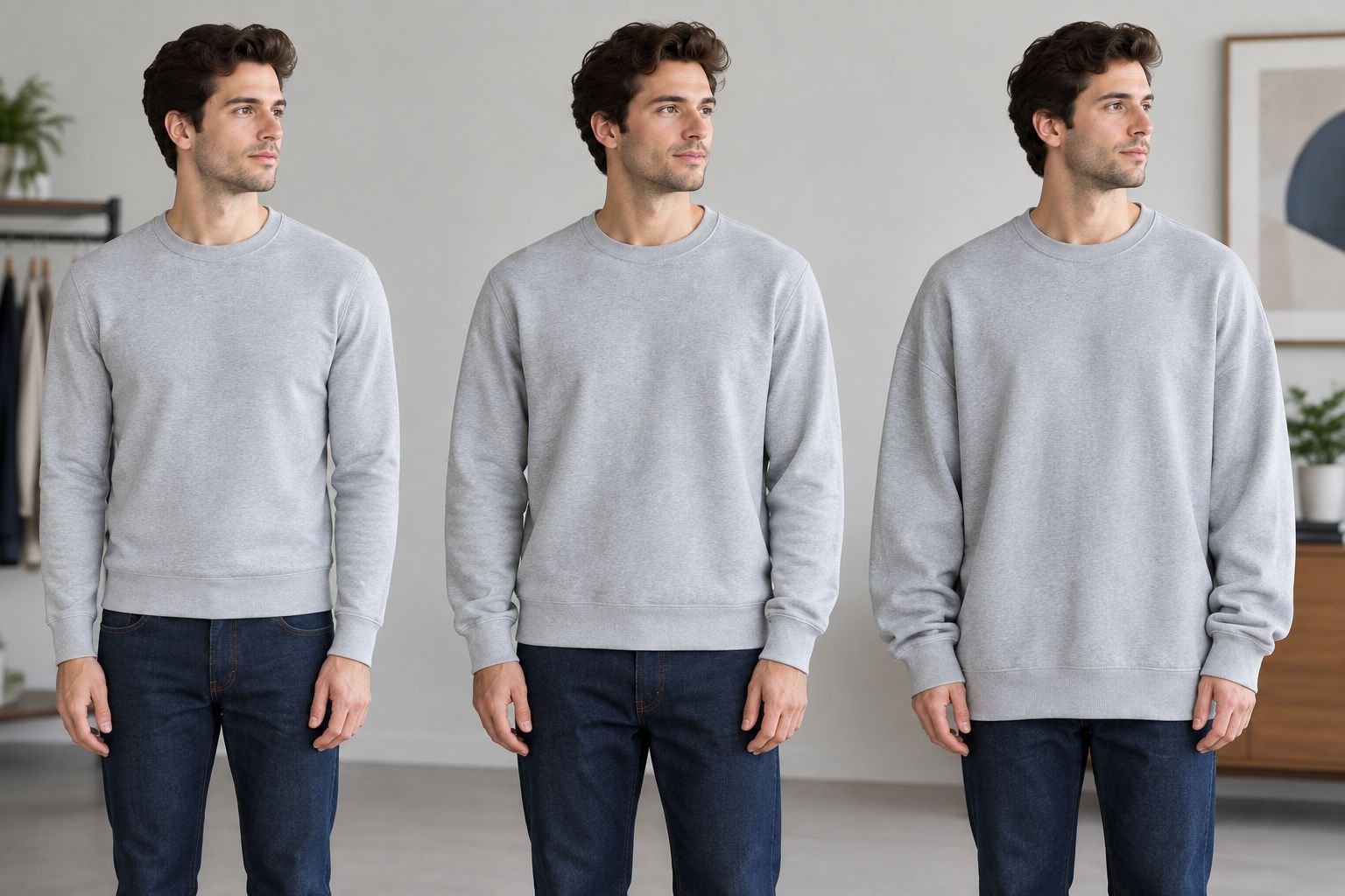 Close, relaxed and oversized crewneck silhouettes shown from shoulders to hips