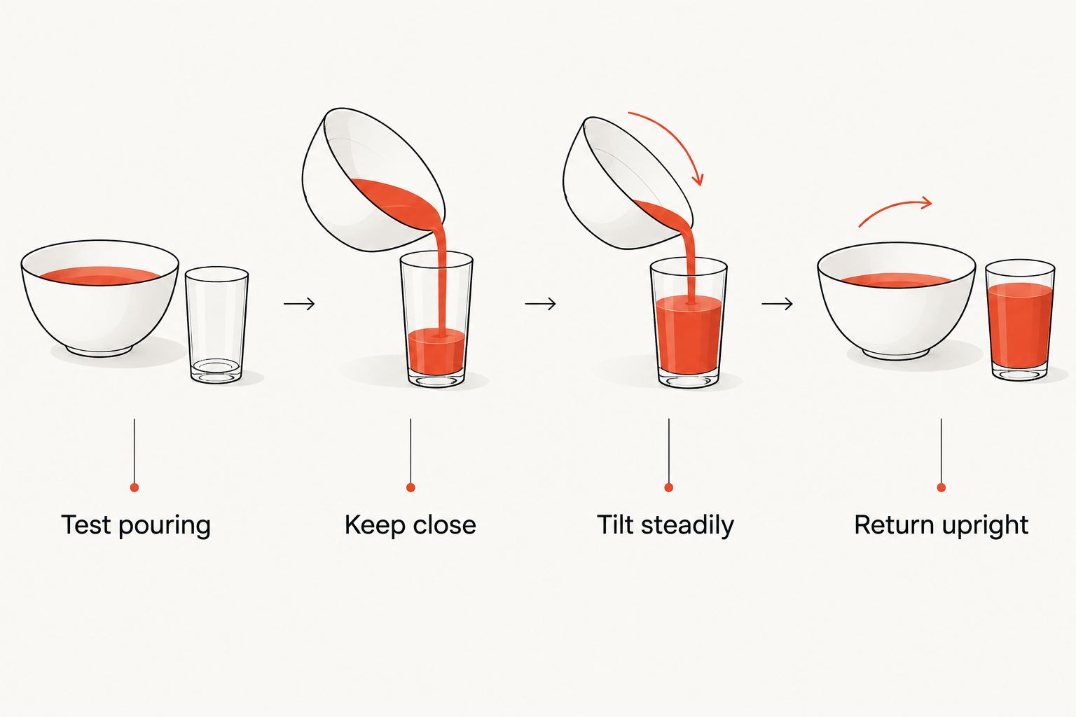 Four stages of a controlled pour from a bowl into a latte glass