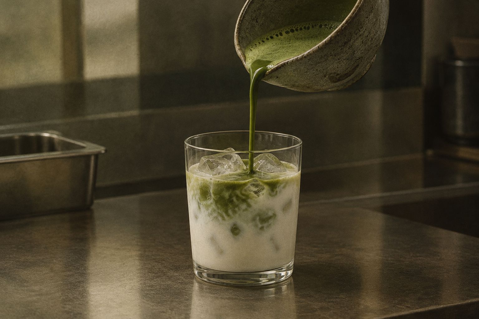 Prepared matcha pouring from a ceramic bowl into a glass of milk and ice