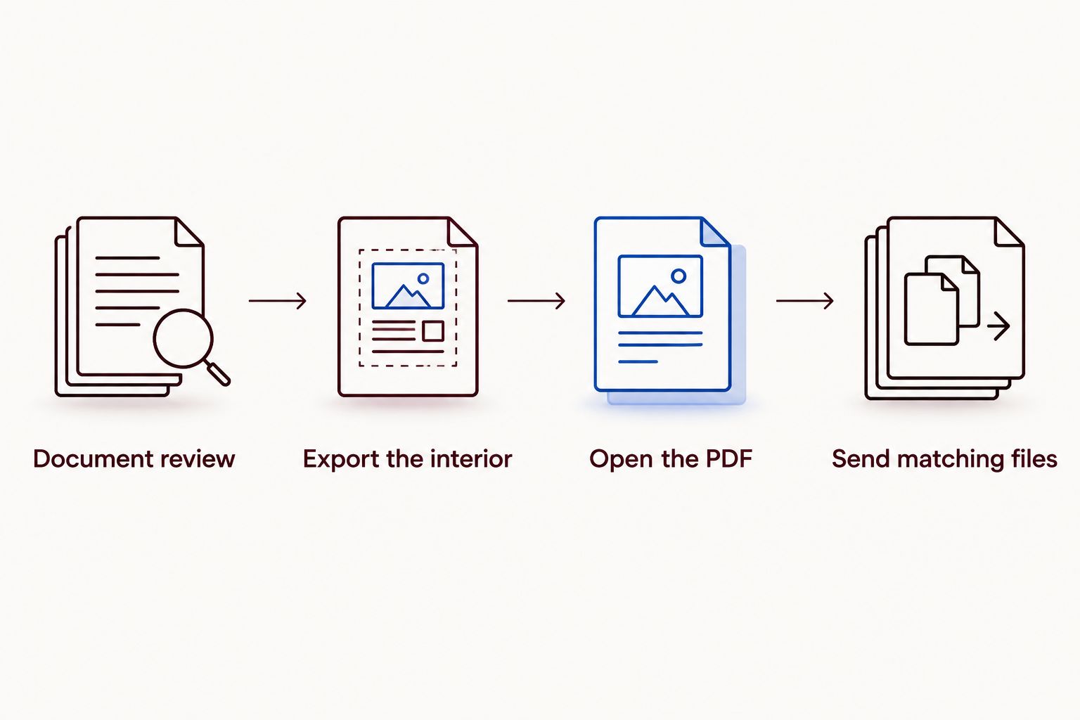 Four stages from document review through PDF inspection to sending matching production files