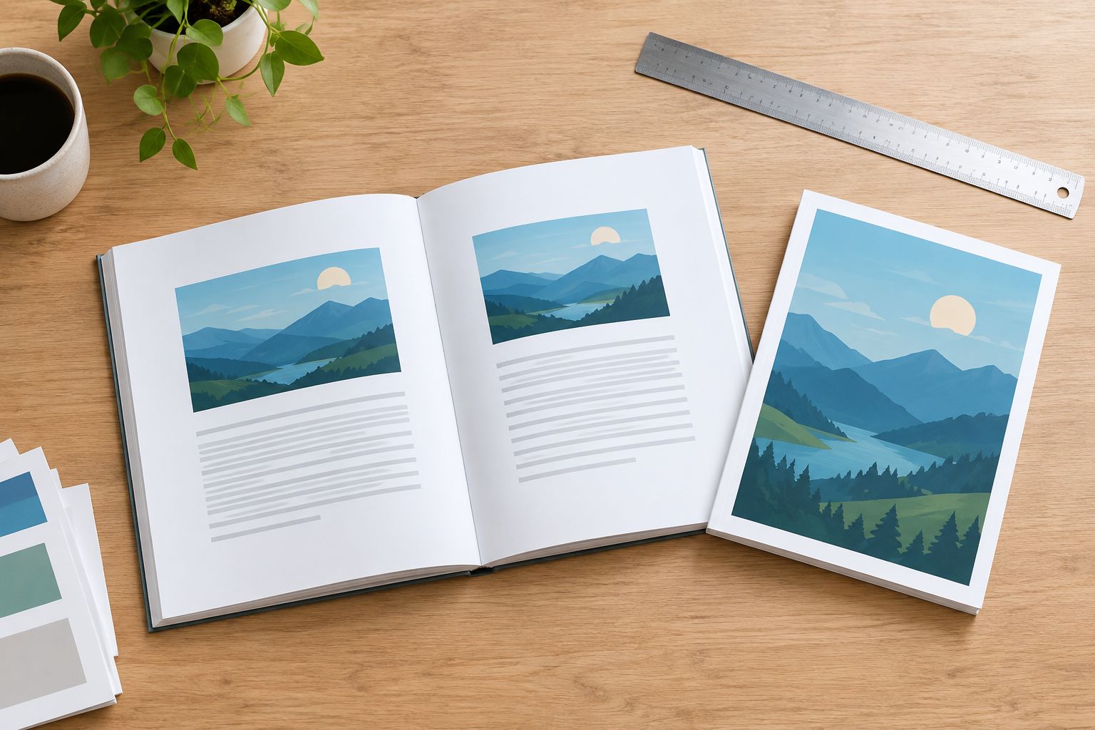 Open book proof beside a separate cover proof and ruler