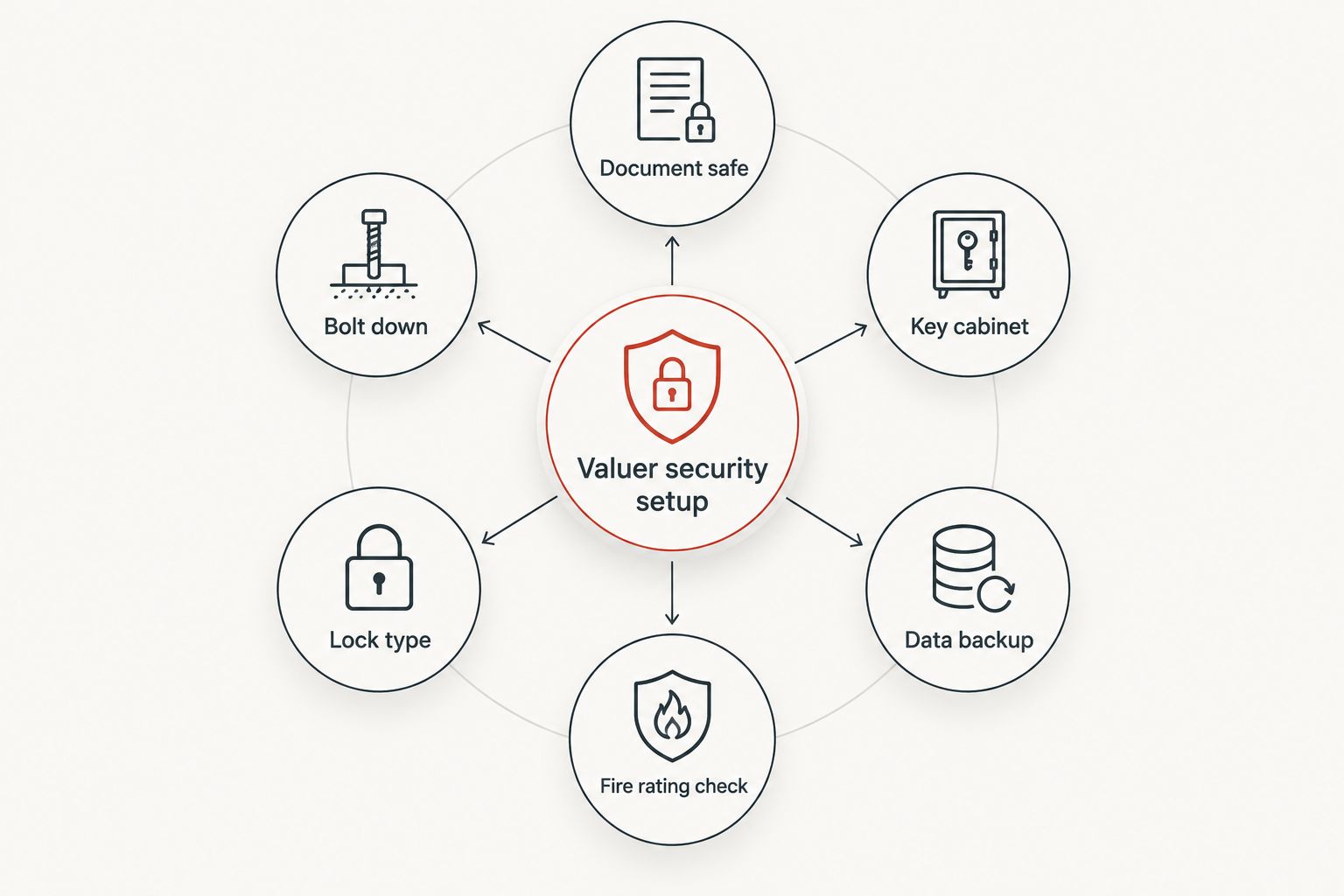 Diagram of six security tasks connected to a central valuer security setup